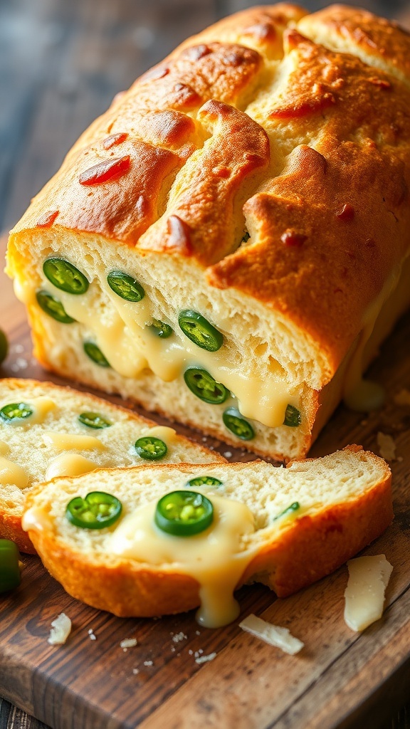 A golden brown loaf of cheesy jalapeño bread, sliced to show the soft interior with jalapeños and cheese.